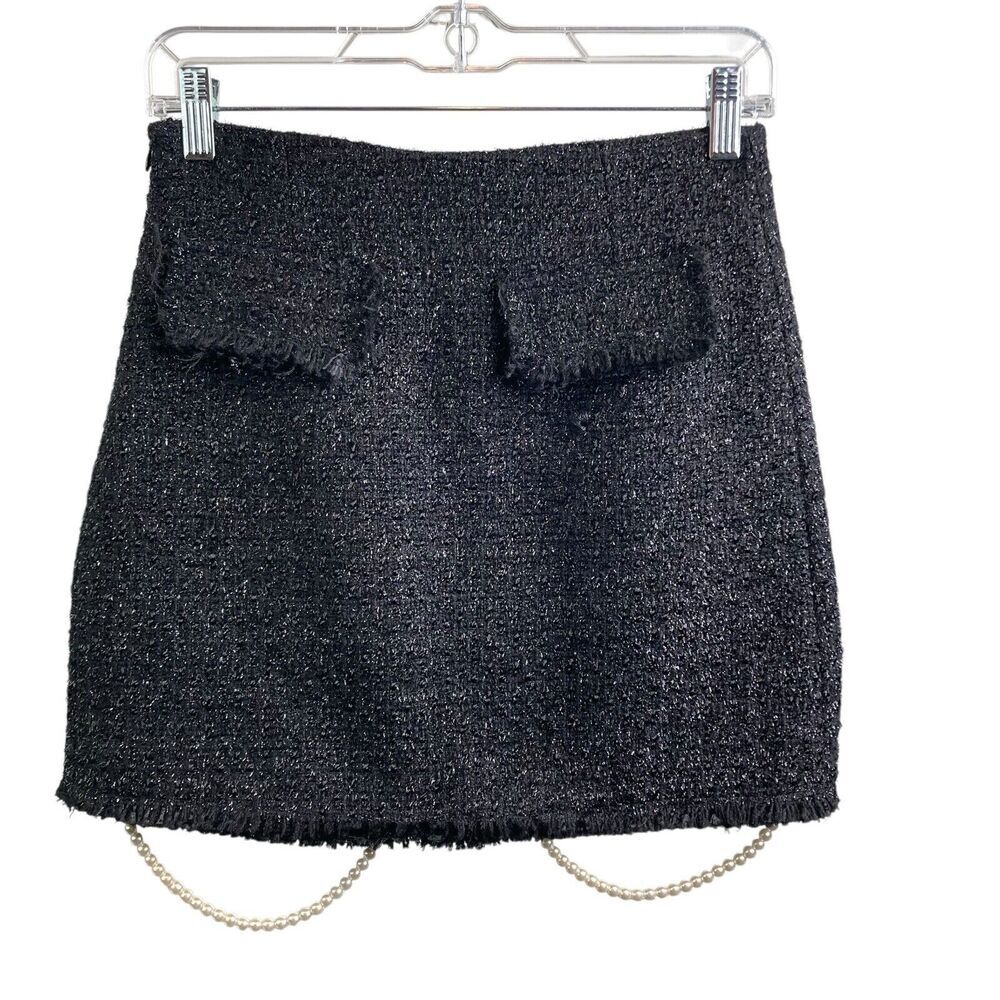 Ozlana Black Tweed Mini Skirt‎ Size S Old Money Preppy Pearl Strands